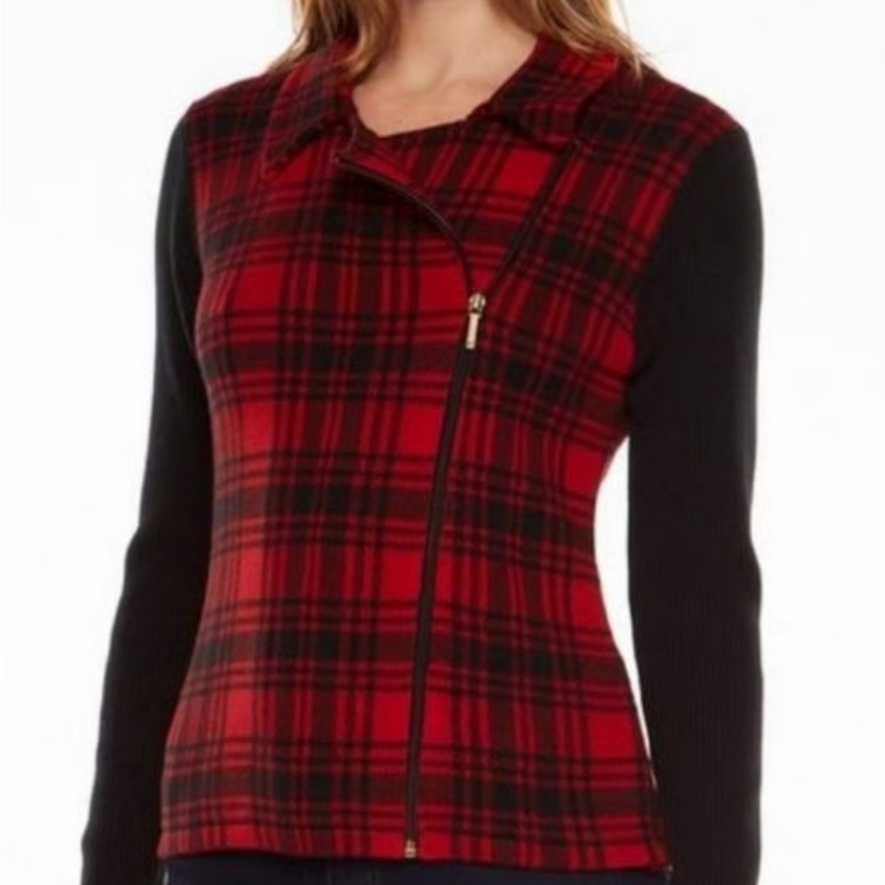 NWT Chaps Red and Black Plaid Women's  Collared Moto Jacket - 2xl